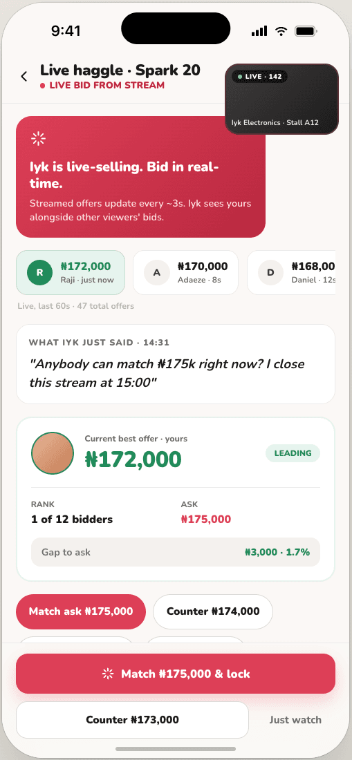 A live haggle in a Bricks seller's stream — bids updating in real time
