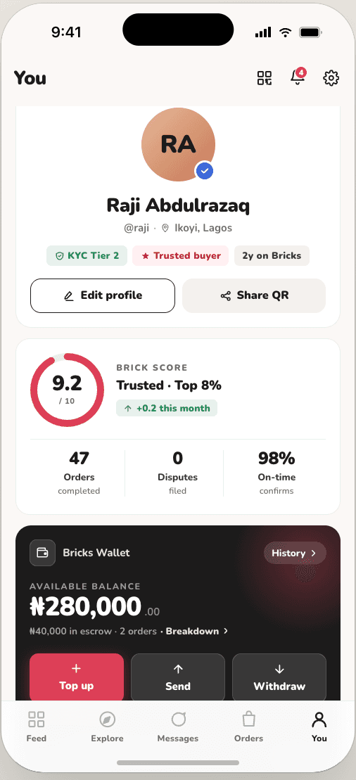 A Bricks profile showing a Brick Score and KYC tier