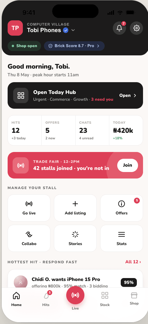 The Bricks seller dashboard — manage your stall, go live, add listings