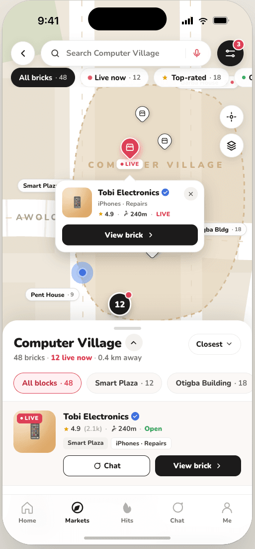 A live map of nearby verified market shops